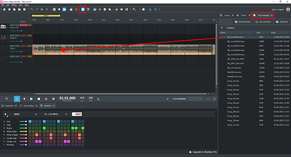 Load accompanying music Drag and drop the audio file from the file manager onto any track