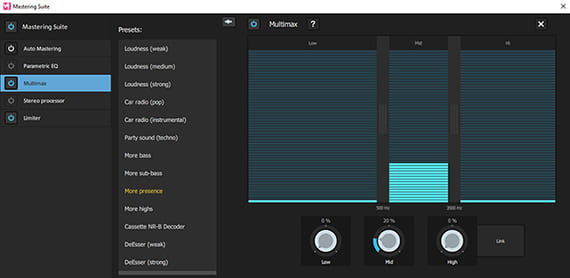 "MultiMax" with template "More presence" Multi-band compressor in the "Premium FX" add-on module