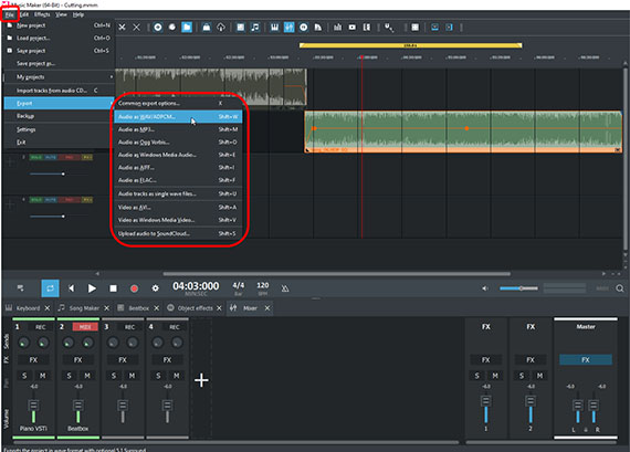 Export WAV file Export options in File menu