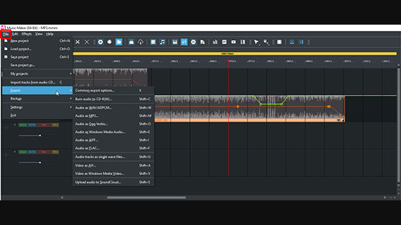 Export options in the file menu Formats for audio export in the file menu