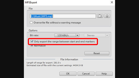 Area export in the M3 export dialog Export MP3