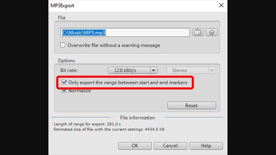 Area export in the M3 export dialog Export MP3