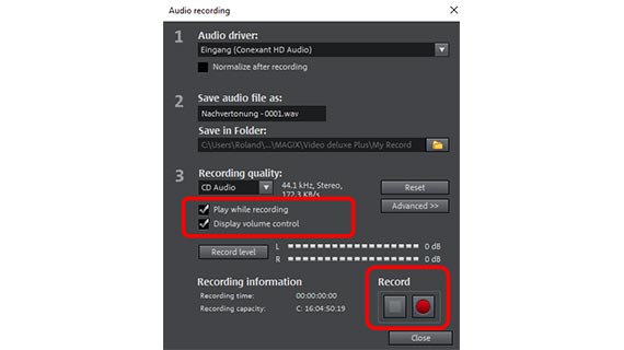 Edit audio track: Recording settings Edit audio track: "Audio recording" dialog