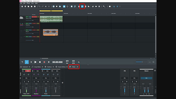 Mixer with effects, volume faders & pan controls Mixer with track effects and master effects