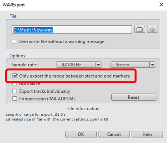 WAV export dialog Export dialog with option to export the playback area