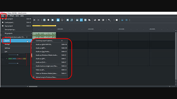 Export music intro as a file Export options in file menu