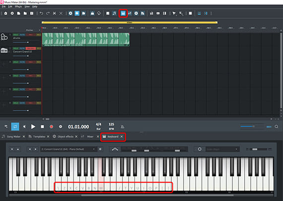 On-screen keyboard with icons Prepare track for MIDI recording