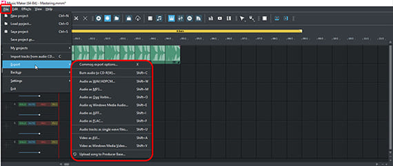 Export options for mastered songs Export mastered songs via the File menu
