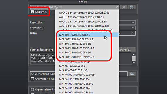 360 degree video export: Presets 360 degree option in presets of MP4 export dialog