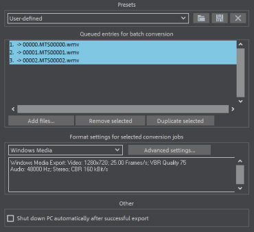File list with format info Movie Studio – conversion list