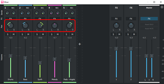 Pan pot in the mixer Screenshot of MUSIC MAKER - defining stereo position using the pan controls
