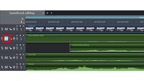 Edit audio track: Volume fader Edit audio track: Increase volume