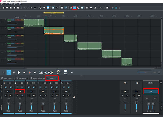 Mixer: Track Effects (Track 2) + Master Effects Open mixer for track and master effects