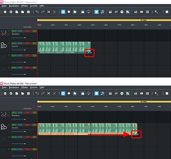 Looping Screenshot of Music Maker's user interface with Soundpool loops and marking on the lower handle for dragging out and looping