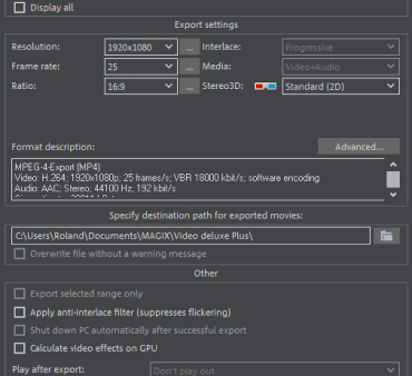Advanced settings – see here for MP4 export Movie Studio – advanced settings