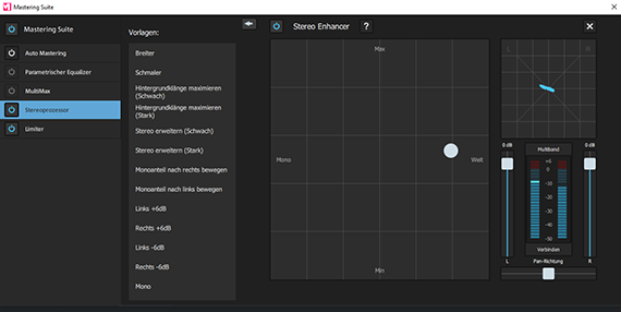 Stereo processor Screenshot of the MUSIC MAKER Interface's "Mastering Suite" audio module with Stereo Enhancer