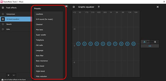 Effect dialog with templates Templates in the effect dialogs of the track and master effects