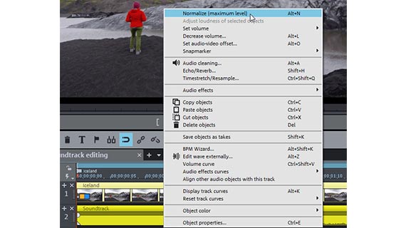 Edit audio track: Normalize (maximum level) Normalize audio track