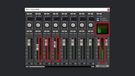 Peak meter display in the audio mixer Control volume using peak meter