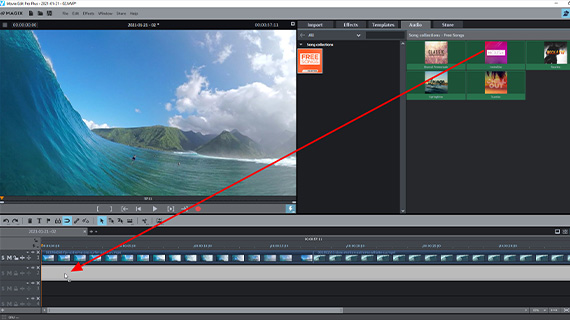 File import using drag & drop A music file is dragged to a separate track below the video track