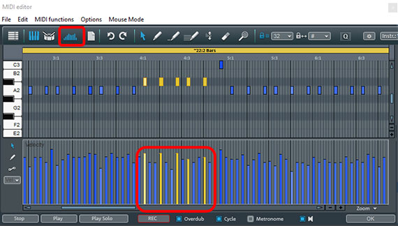 Change velocity / volume Adjust the bars in the Velocity Editor