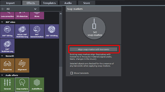 Music-based editing with snap markers Align snap marker with transients