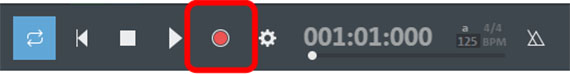 The Record button in the transport control Audio recording in the transport control