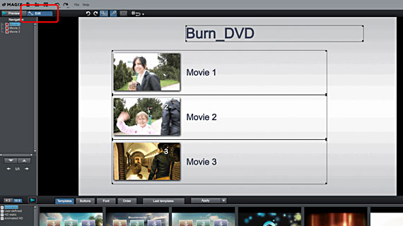 Burn several movies to DVD Design selection menu ("Edit" mode)