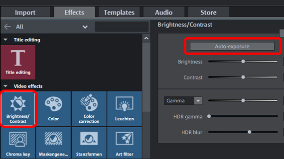 Auto exposure "Brightness/Contrast" dialog in the Media Pool effects tab