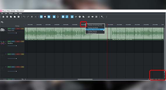 Units of measurement and zoom buttons Change the playback area of bars in milliseconds and change the zoom level