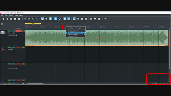 Units of measurement and zoom buttons Change the playback area of bars in milliseconds and change the zoom level