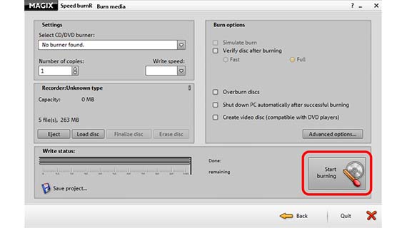 Burning options with "Start burning" Click "Next" and start burning