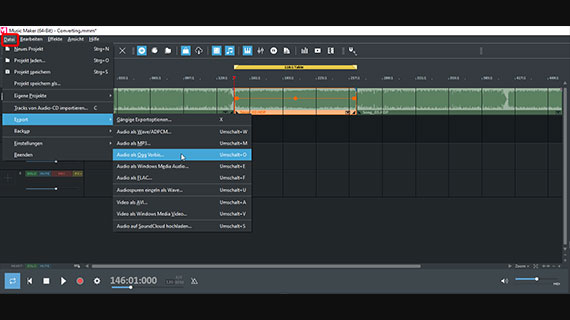 Export options in the file menu Compression formats for audio export