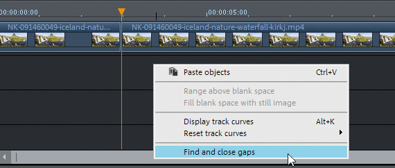 After you trim videos: Closing gaps Context menu option "Close gaps" to move all cut video objects next to one another