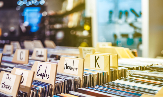 Vinyls Close-up of LPs in a record store sorted by band alphabetically
