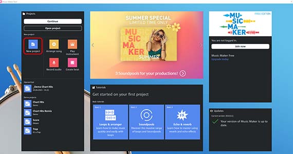 Program start with start dialog Create a new project in the start dialog or load an existing project