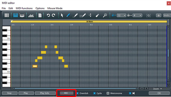 MIDI recording in the MIDI editor Create new notes via MIDI recording