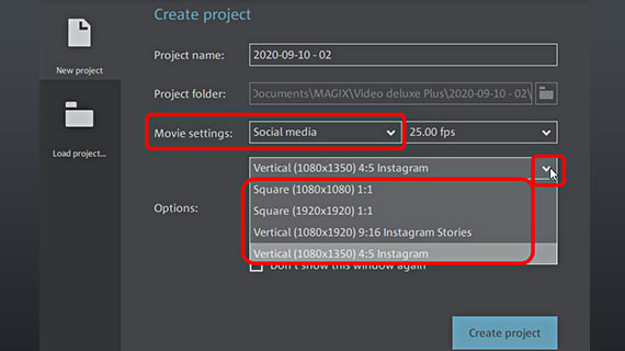 Start dialog with Instagram project templates Create video project for Instagram
