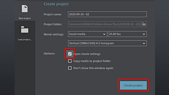 Start dialog to edit video for Facebook and other social media Create video project for other social media platforms