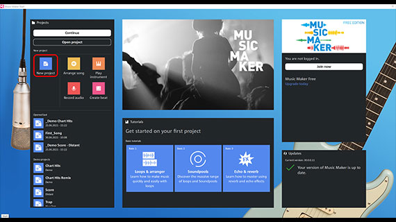 Creating a project Creating a new project in Music Maker using the start dialog
