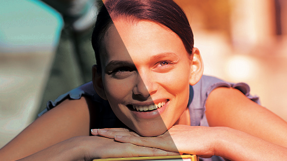 Illustration of color correction using a before-after picture Illustration of color and brightness/contract correction using a two-part before-and-after picture