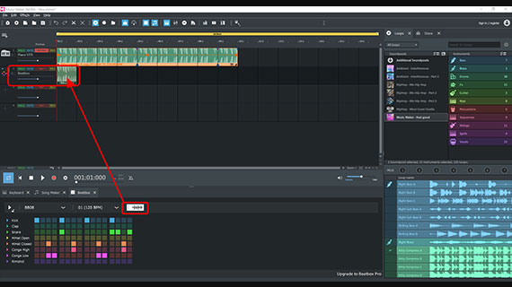 Transfer the beatbox pattern to the project Drag and drop the waveform symbol into the Beatbox track