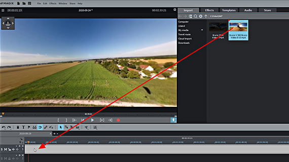 Load 360 degree video Drag & drop your 360 view video from the Media Pool to import it.
