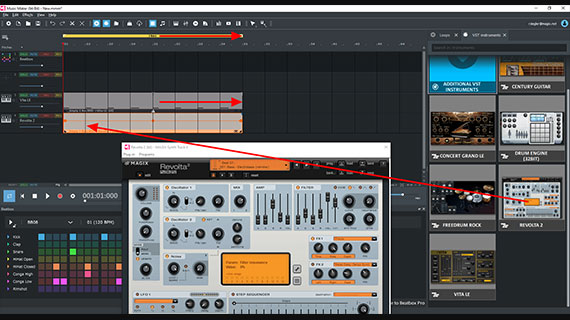 Revolta, MIDI object, drum loop + playback range Pull the software instrument "Revolta" for the bass on the track