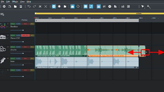 Dragging out bass and drum loops Draw up loops for longer sequences