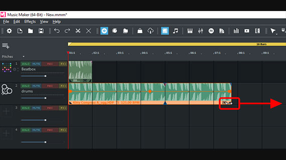 Loop a drum sample Drum sample "Kitty Compress A" to a longer beat