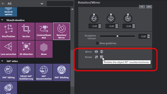 Rotate videos 90 degrees "Rotation/Mirror" effect dialog
