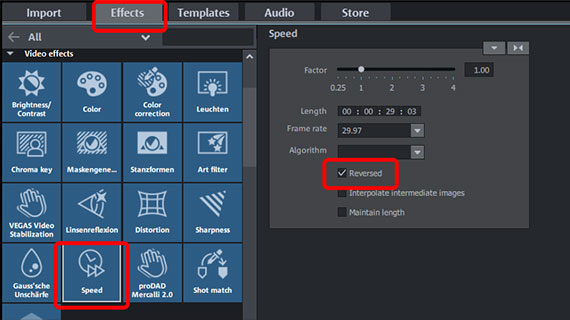 Play video backwards "Speed" effect dialog