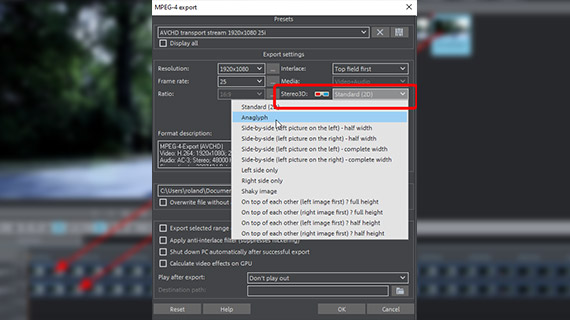 Export options for 3D video Export 3D video files