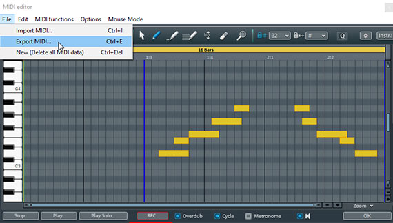 MIDI export Export a MIDI file in the MIDI editor